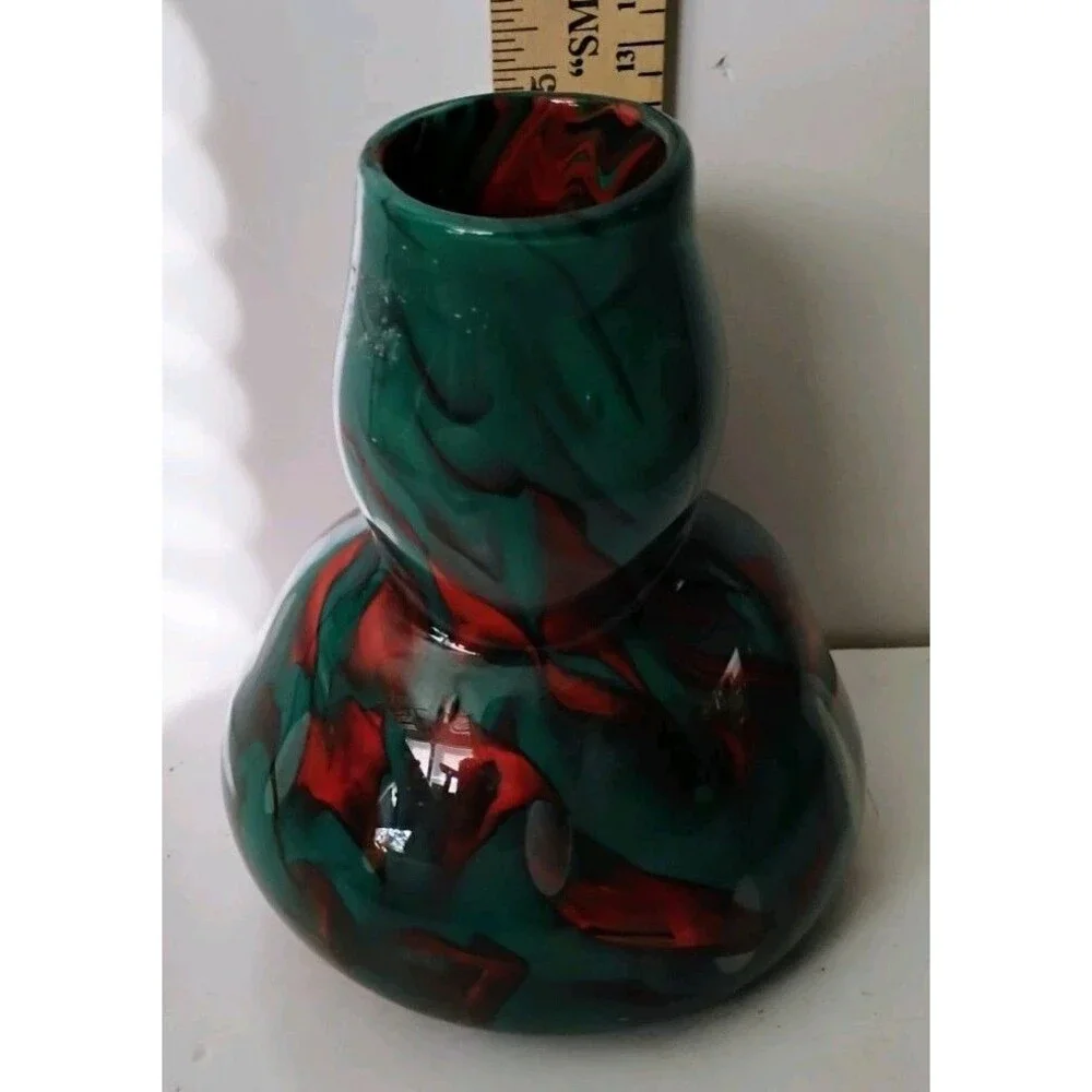 Vintage Hand Blown Swirl Art Glass Vase Emerald Green Crimson Signed Val 00